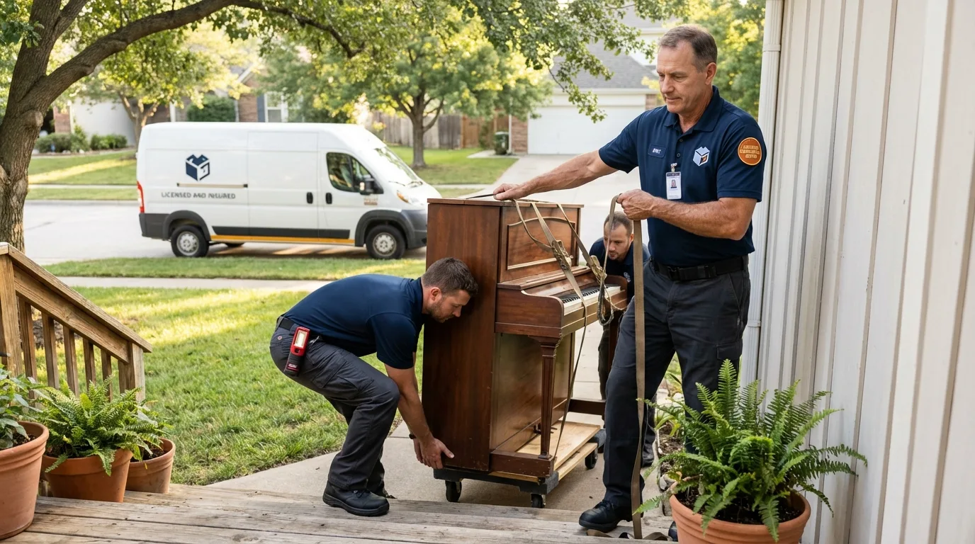 Licensed piano movers securing grand piano in San Antonio, PR