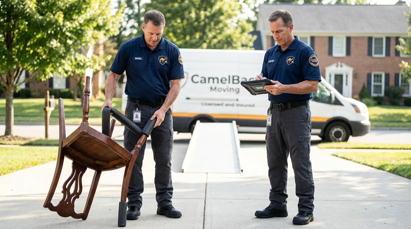 Movers inspecting furniture for damage prevention before loading in San Antonio, PR