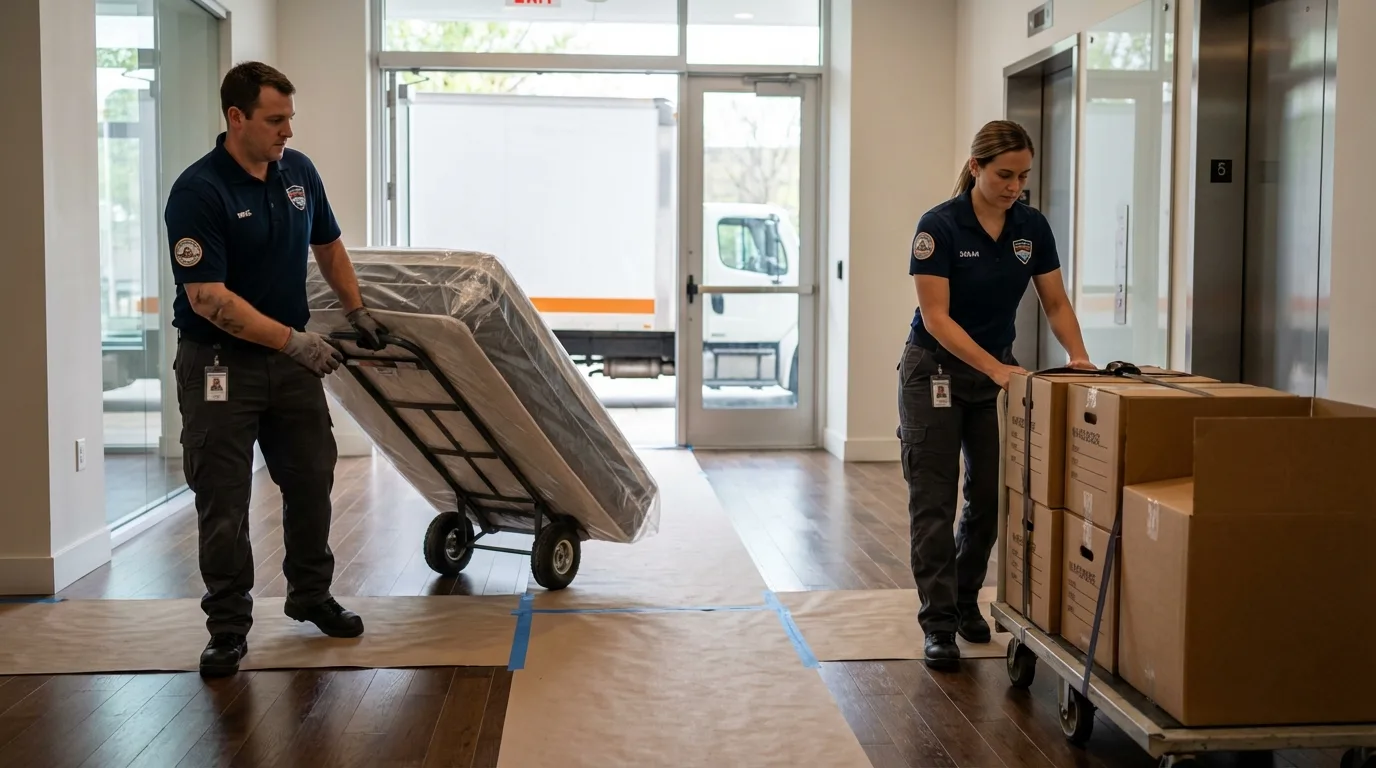 Professional apartment movers loading elevator in San Antonio, PR