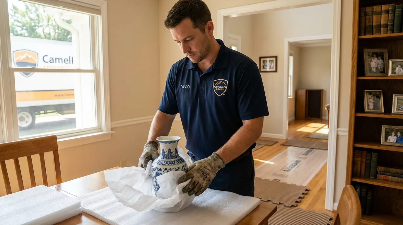 Professional crew carefully wrapping antique vase for senior downsizing move in San Antonio, PR